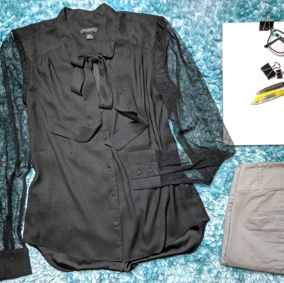Ann Taylor Tops - AT V-Neck Sheer Sleeve Button Down w/ Neck Tie